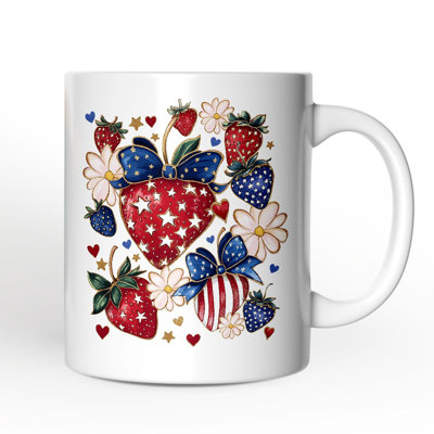 Patriotic Boho Strawberries Bouquet Mug, 4th of July Gift with Custom Name