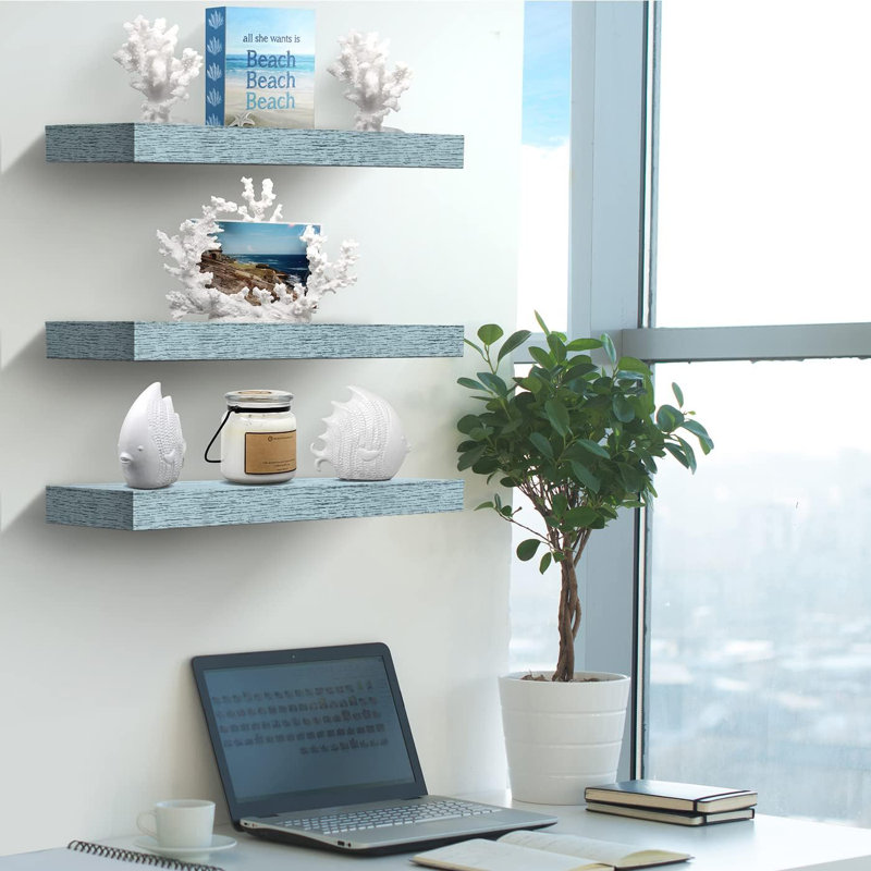 Ensemble de 3 tablettes flottantes longues avec fixation invisible Sorbus - bleu, 16 po, Bleu