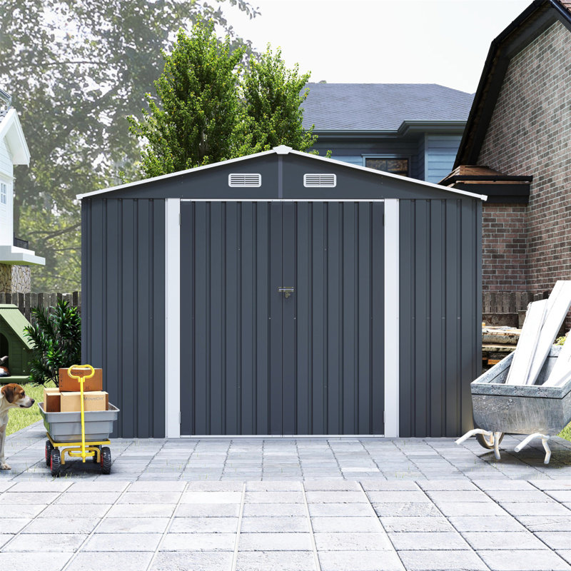 Campcraft  Outdoor Storage Shed 9×11 FT With 3 Lockable Doors,Utility Tool Shed Metal Storage Garden Sheds 4 Vents,Metal Sheds With Galvanized Steel Frame,For Backyard,Patio,Lawn,Grey