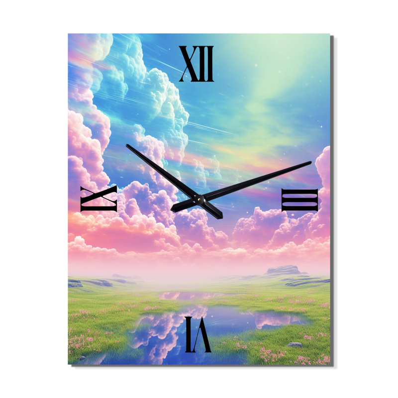 Nuage rose dans un paysage pastel serein - horloge murale géométrique moderne surdimensionnée, H 40 po x l 30 po x P 1 po