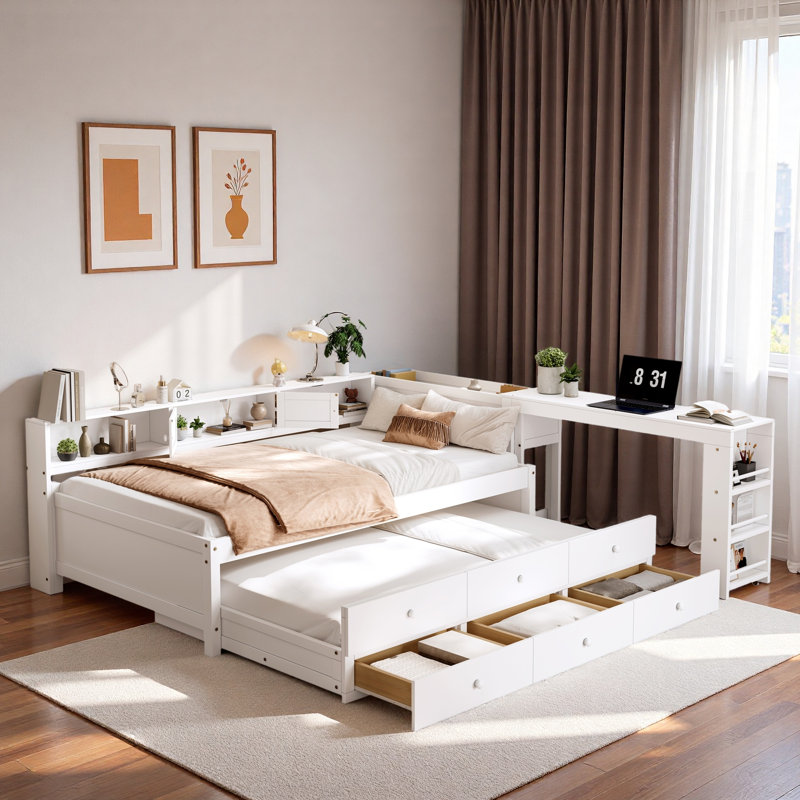 Wood Daybed With Storage Drawers, Side Shelves, Desk And Trundle, Twin, White