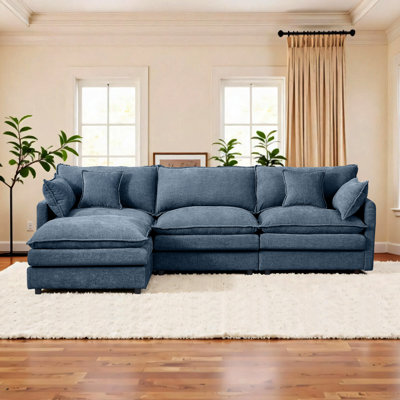Canapé en L en forme de salon, canapé modulaire modulaire, canapé à 4 places et canapé rembourré en chenille avec repose-pieds, port USB intégré, bleu