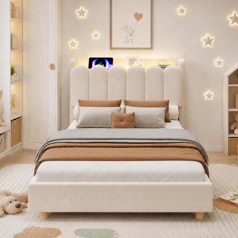 Velvet Single Bed 90x190cm with Storage Headboard, USB-C Ports & Reading Light, Beige