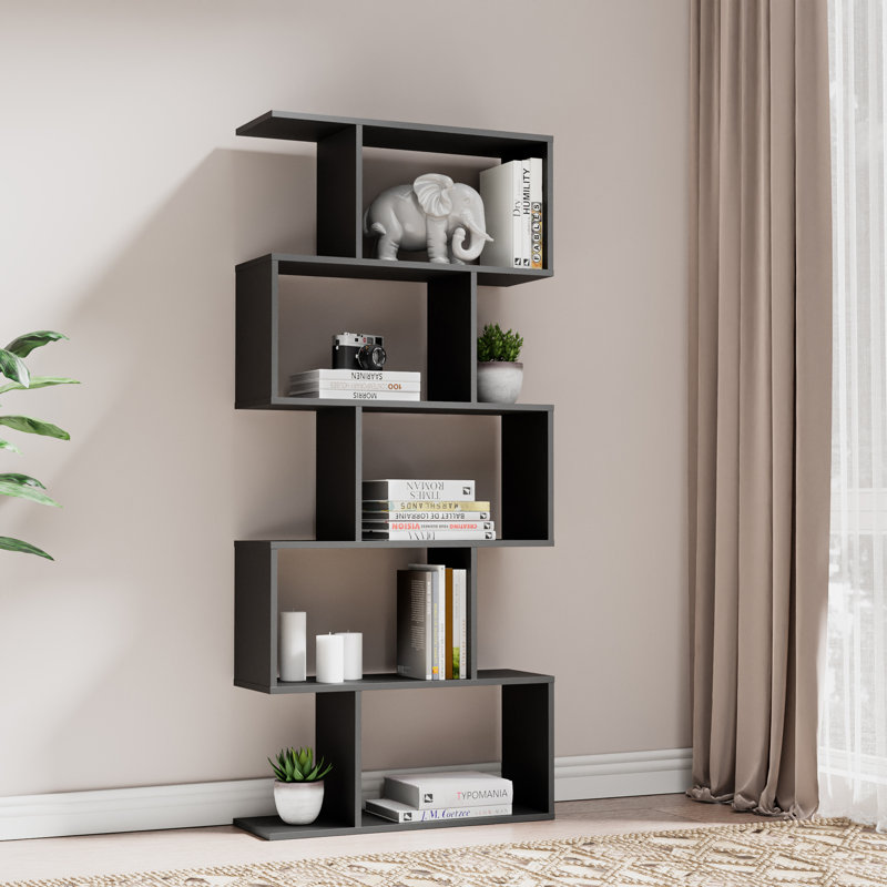 62.6" H Geometric Bookcase 5 Tier S-Shaped Room Divider Bookshelf, Black