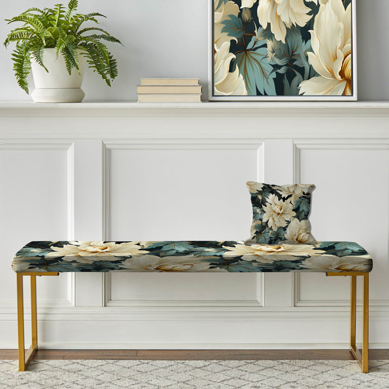 White And Blue Natural Damask Serenity - Floral Upholstered Gold Bench