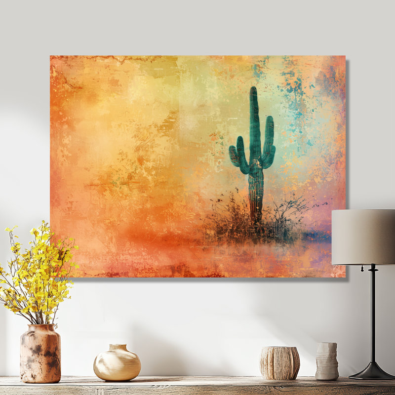 Désert du Nevada, Cactus Saguaro - Art mural de cactus floral, salon, H 16 po x l 32 po, Toile tendue, Ne s’applique pas