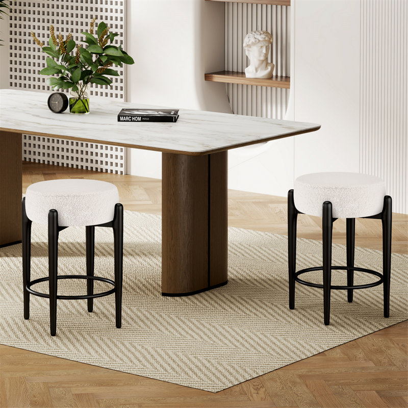 Ensemble de 2 tabourets de cuisine sans dossier avec base en métal robuste, Blanc