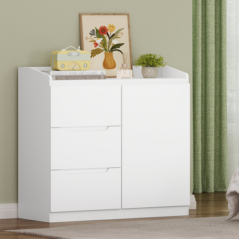 Chest of Drawers, White Drawers for Bedroom, 3 Storage Drawer and 1 Storage Cabinet for Living Room, Modern Wooden Chest Drawer, White 