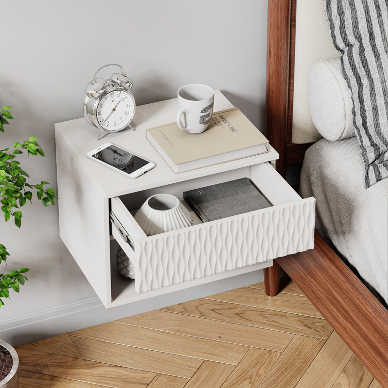Ensemble de 2 tables de chevet avec armoire à tiroirs murale moderne: tablette ouverte, rails à 3 niveaux, conception sculptée, anti-vacillement, bricolage, pour chambre / salon / bureau