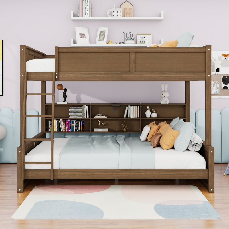 Lit superposé en bois avec ports USB, tablettes et échelle, Couleur de bois antique
