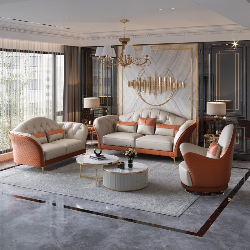 Elberton 3 - Piece Living Room Set, Off White/Orange