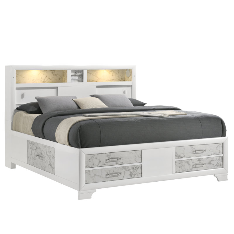 Luxury, Full - Sized Bed, White Wood, Marble Drawers, Headboard Lighting, Port Contemporary, Panels, Speakers