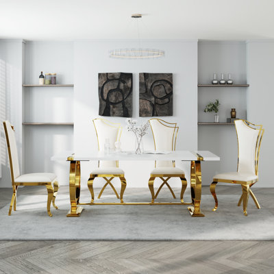 78 Inch White And Gold Dining Table Set With 4 White Leather Dining Chairs