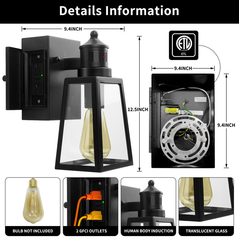 Ajia 1-Light Glass Outdoor Wall Light Dusk to Dawn Motion Sensor Outdoor Light with GFCI Outlet, Matte Black