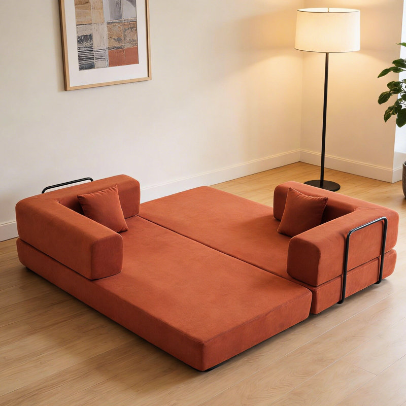 Lit convertible en velours côtelé orange à 3 places avec structure fixe, coussin cylindrique, salon au sol dans la chambre à coucher, mousse à mémoire de forme douce, dossier coussiné, chambre rouge respirante, carré à haute densité