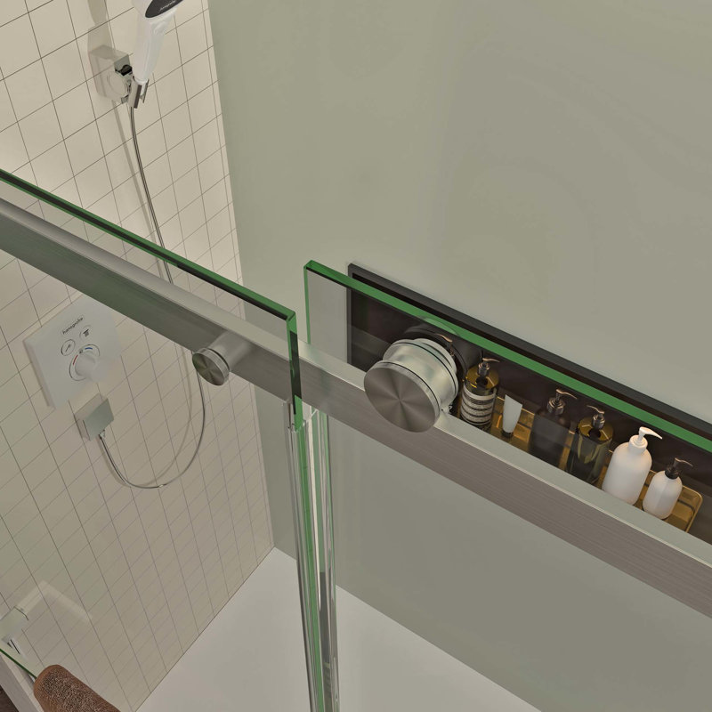 Porte de douche coulissante H 76 po avec verre trempé de 5/16 po, barre à serviettes en nickel brossé, imperméable, limpide pour la quincaillerie de salle de bain, coulissante lisse, ajustement polyvalent