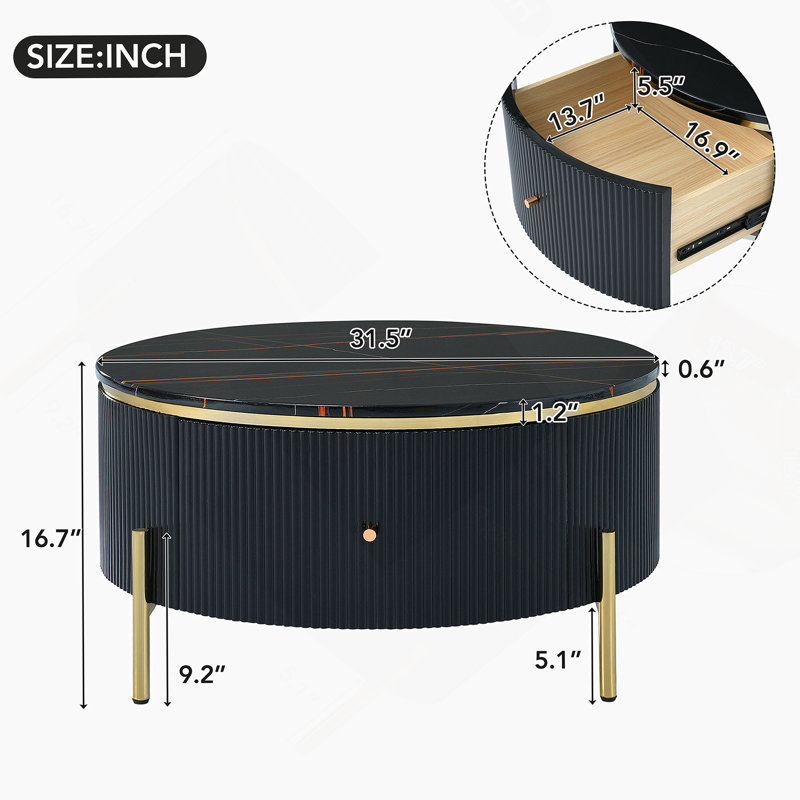 Round Coffee Table with 2 large Drawers Storage Accent Table, Black