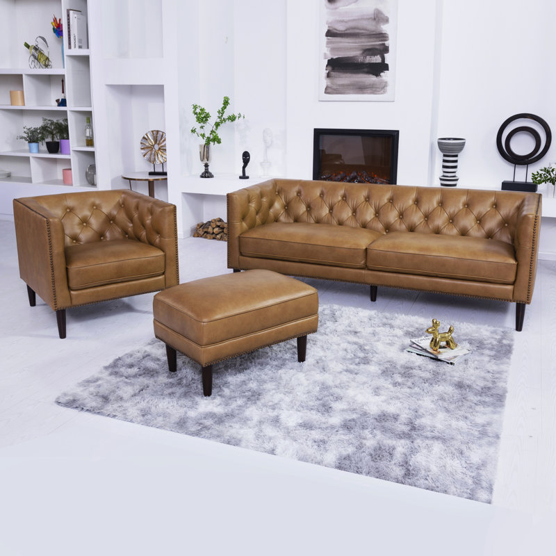 Brinna Upholstered Button-Tufted Sofa with Metal Legs, Camel