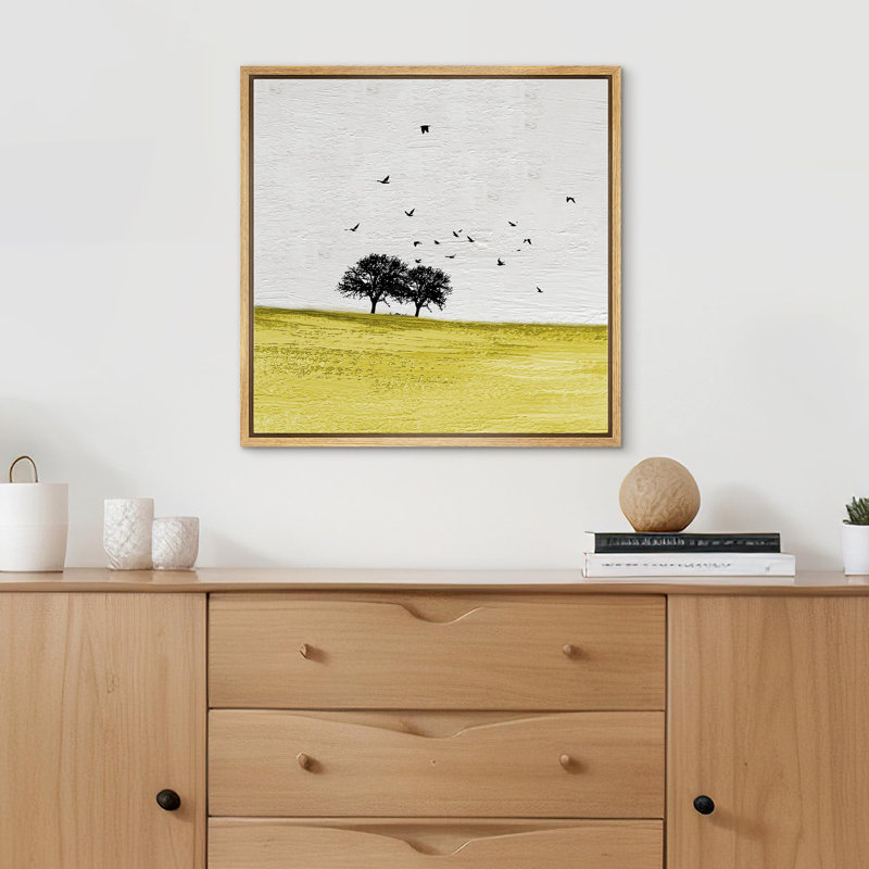 «Birds Fly Over Yellow Field with Trees Animals» par WildLife, reproduction d'art moderne sur toile, Naturel