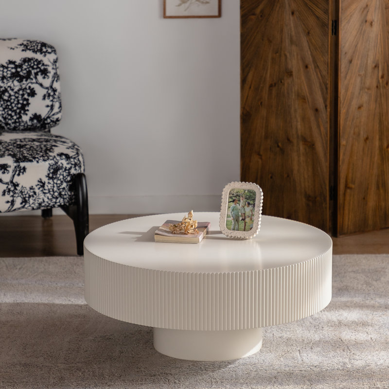 31.5" Handcrafted Relief Round Wooden Coffee Table | Sturdy Pedestal Base, Decorative Tea Table for Living Room, White
