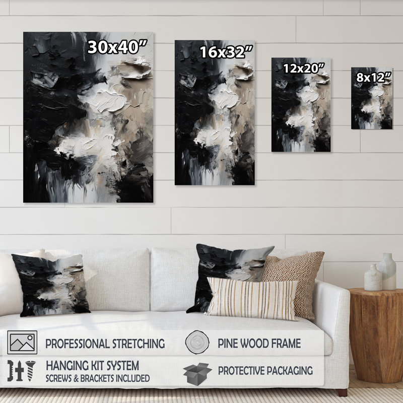 «Black Textured Splash Paint Art II», art mural abstrait, H 20 po x l 12 po, Toile tendue, Sans cadre
