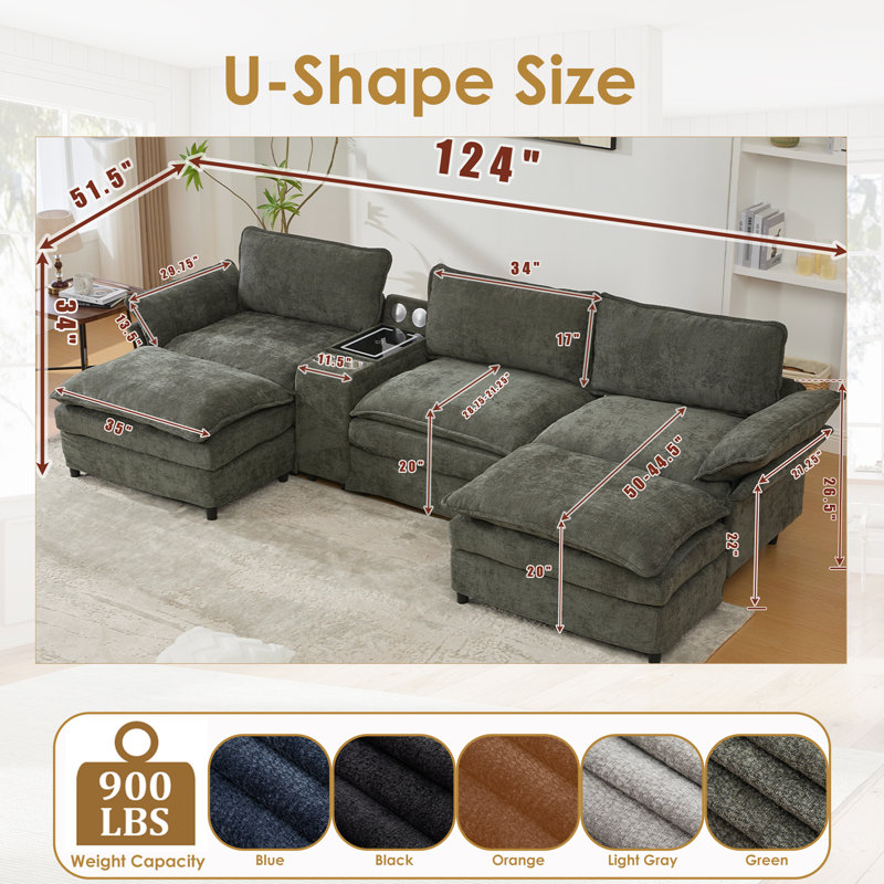 Enn 124 "W Modular Sectional, Wireless Charge, Blue Tooth Speaker, Double-layer Cushion, Brown Chenille