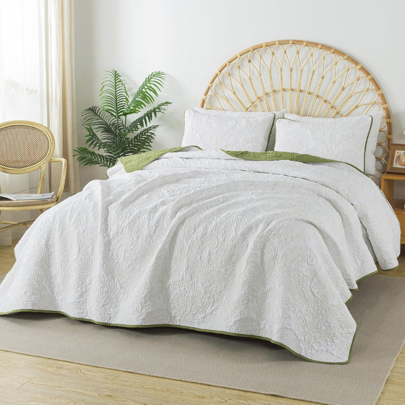 Ensemble 3 pièces de literie pour grand lit HoneiLife Golden Silver Flower Green & White, Grand lit