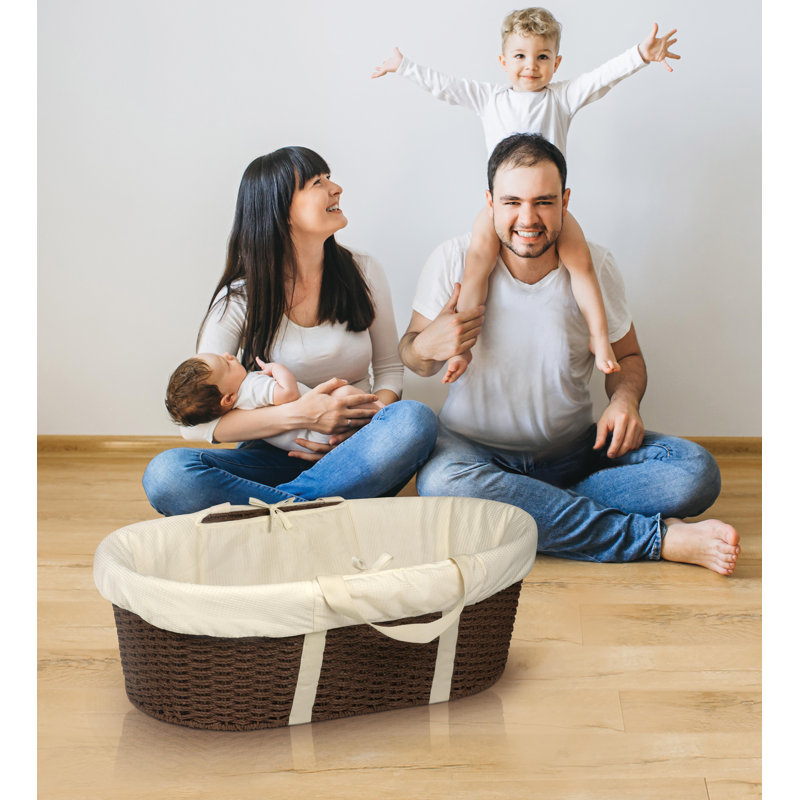 Espresso and Ecru Wicker-Look Moses Basket with Bedding