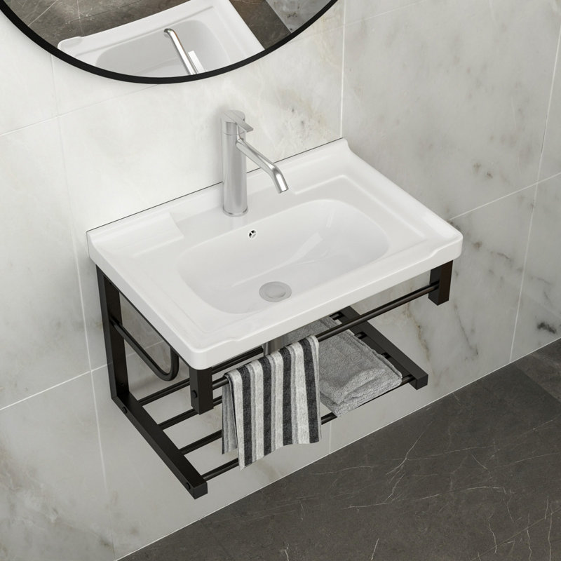 23.75"X15.75" Wall-Mounted Rectangular Ceramic Bathroom Sink With Black Towel Bar & Overflow
