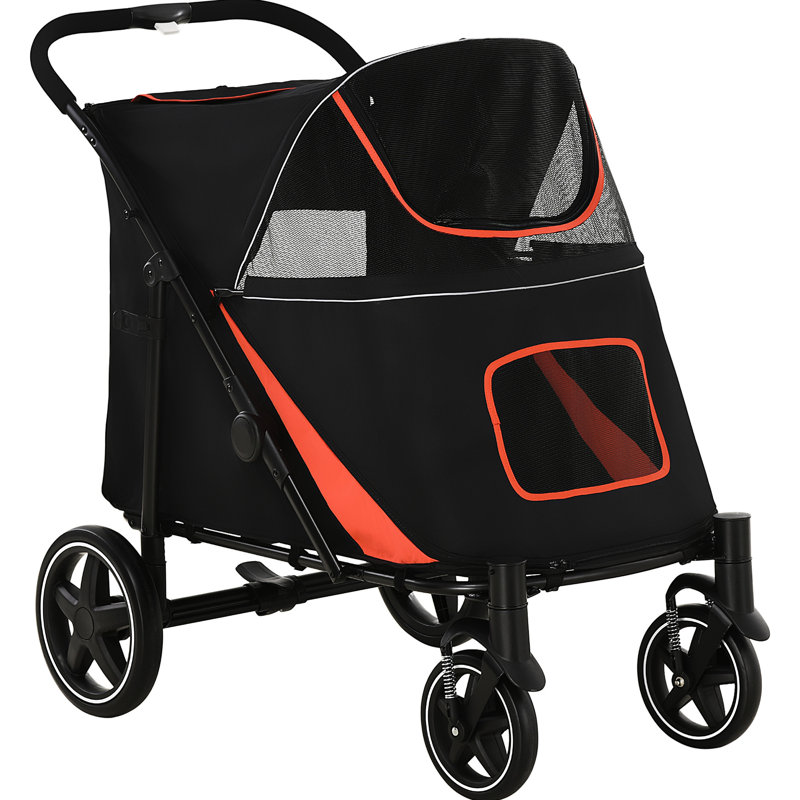 1-clic pliable pour animaux de compagnie pour les chiens de grande et moyenne taille, dispositif de rangement, amortisseur de chocs, fenêtre en filet, ligne, poussette pour chien noir avec rangement, laisse de ventilation, po