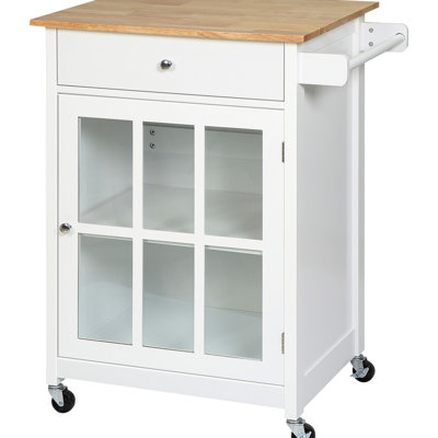 27" Kitchen Island Cart In White Color. Drawer, Glass Cabinet & Towel Rack. Adjustable Shelf. Rubber Wood Workspace. 4 For Mobility. 26.5"W X 19"D 34"H. 110 Lbs Capacity Rolling - 27". Countertop.