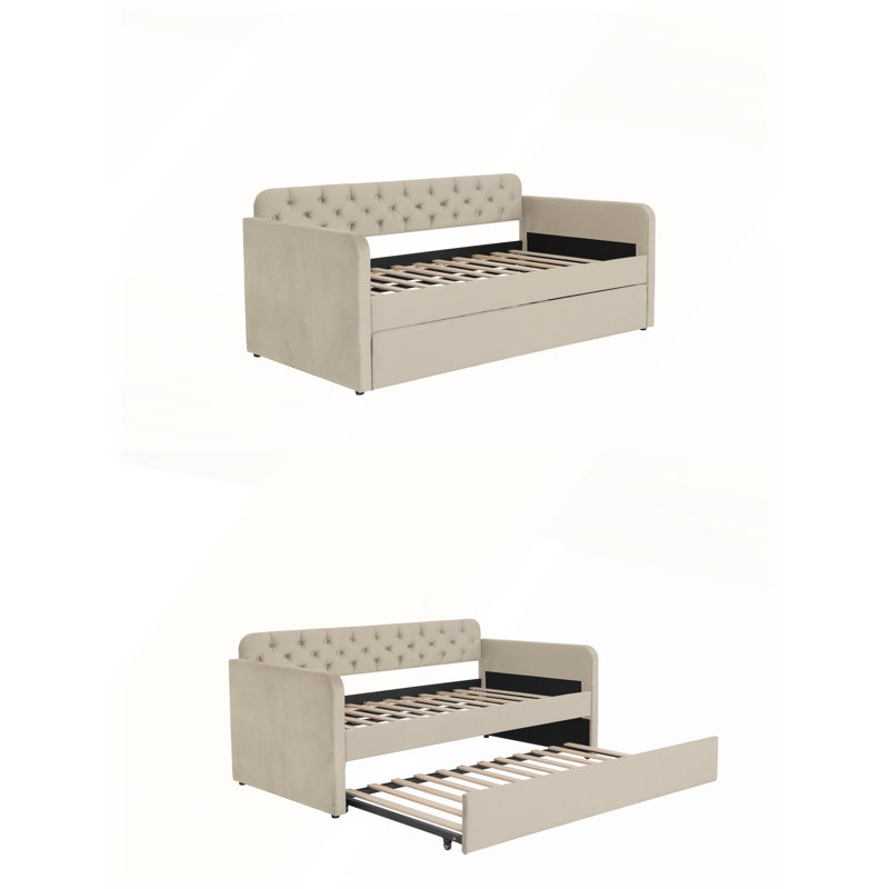 Lit de jour simple rembourré avec lit gigogne et chargement USB, structure en velours pour le salon ou la chambre à coucher, aucun sommier nécessaire