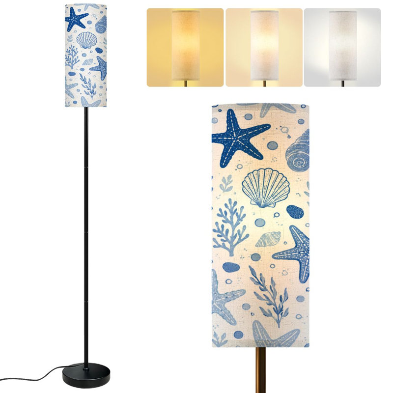  68.5" Standing Floor Lamp Sea bottom seamless Summer beach hand drawn seaside print Undersea Dimmable Metal Pole Lamp with Linen Lampshade LED Bulb Included