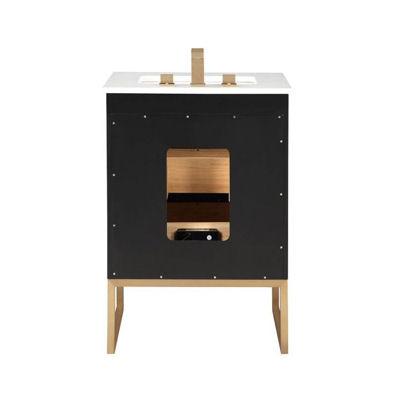 Markham 24'' W Single Vanity, Midnight Black, Universal Calacatta Quartz, Satin Brass