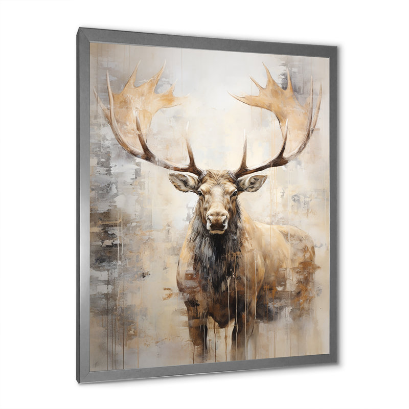 Portrait d'orignal majestueux beige, Cadre simple argenté, H 20 po x l 12 po x P 1 po