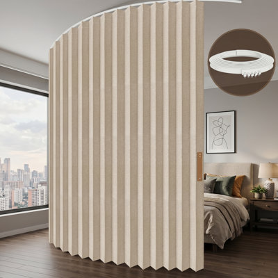  Retractable Accordion Folding Room Partition with Ceiling Track, Beige 100"W x 84"L, Easy Setup for Temporary Walls