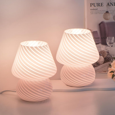 Mushroom Lamps Set Of 2 - Small Table Lamp With Striped Glass, Nightstand Lamp For Bedroom, Living Room, Cafe, Office, Bulb Included, Gift For Birthday Christmas Thanksgiving Day, Sage Green