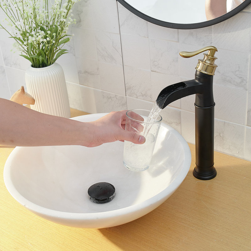 SoftStream Waterfall Vessel Black Gold Single Hole, Single Handle Bathroom Sink Faucet