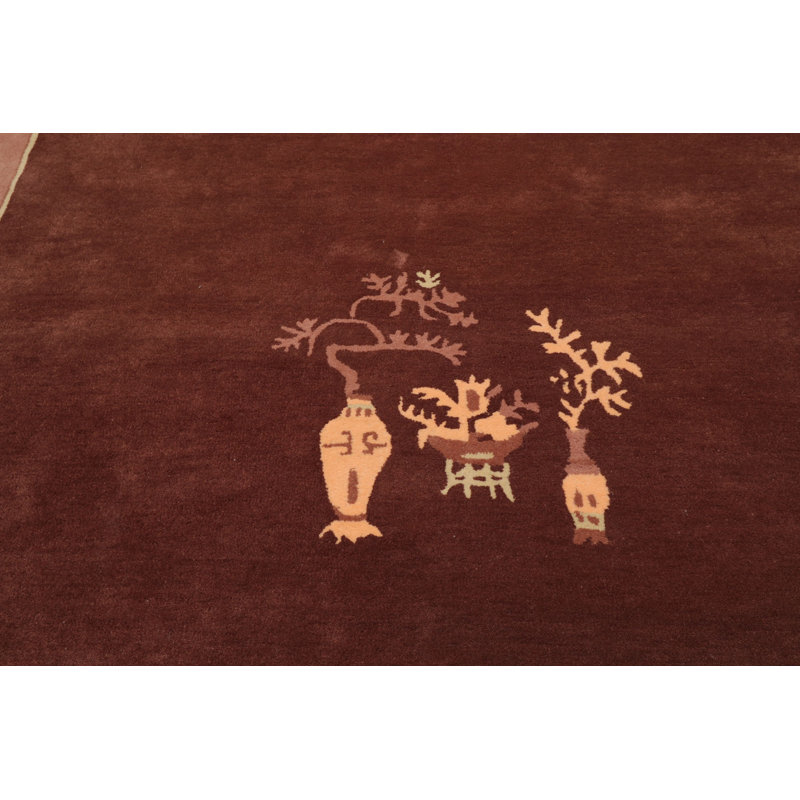 Tapis brun dans un vase touffeté à la main de style art déco chinois, Rectangle de 5 pi x 8 pi