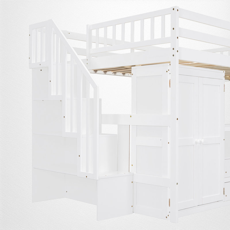 Loft Bed, Space-Saving Study Hub, Two Desk, Bookcase & Wardrobe Storage, Contemporary, Kids & Teens Room, White, Full