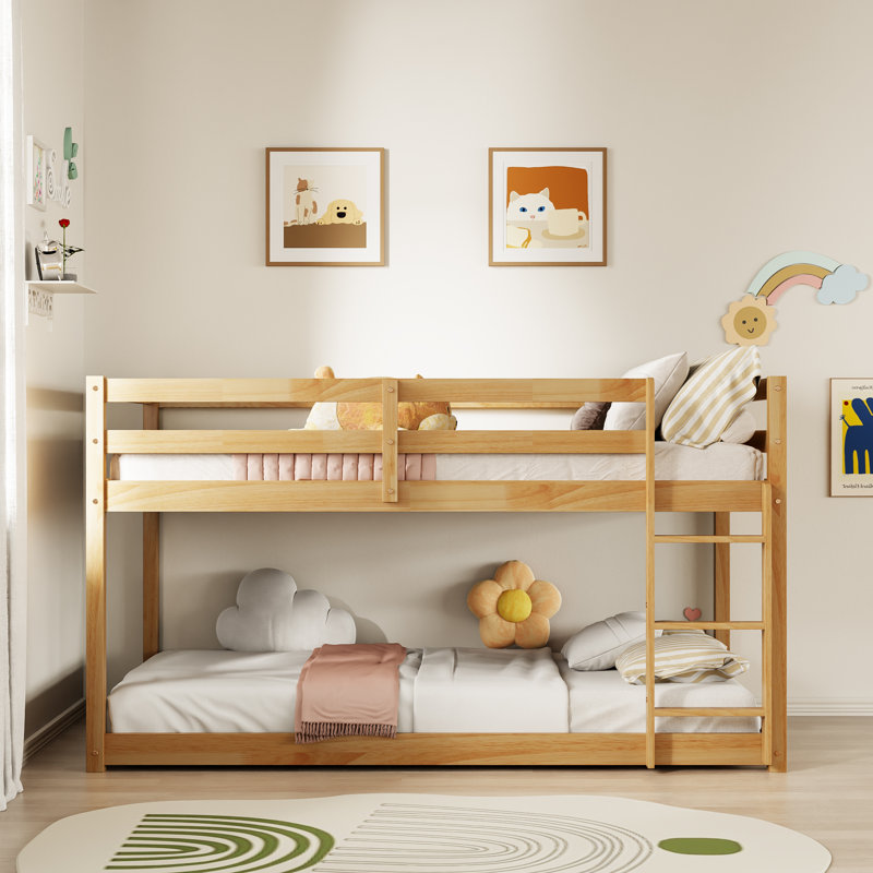 46.6" Low Bunk Bed for Kids, Solid Wood Twin over Twin with Full-Length Guardrails,  Low Profile Design, Honey Natural