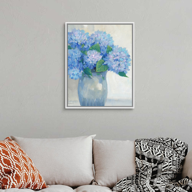" Blue Hydrangeas In Vase I " Painting Print, 30"H x 24"W x 1.75"D, White Framed Canvas