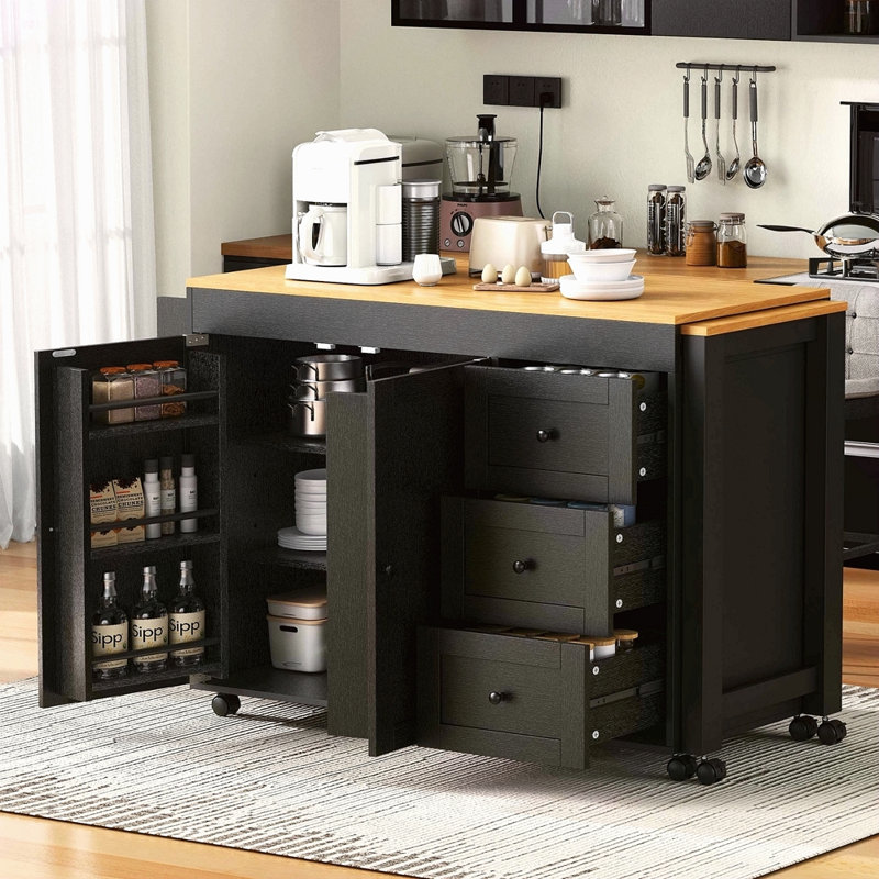 74.8" Kitchen Island With Extendable Dining Table, Kitchen Storage Cart With 3 Drawers, Power Outlet, Rolling Kitchen Island On Wheels With Spice Rack And 2 Door Cabinet, For Kitchen