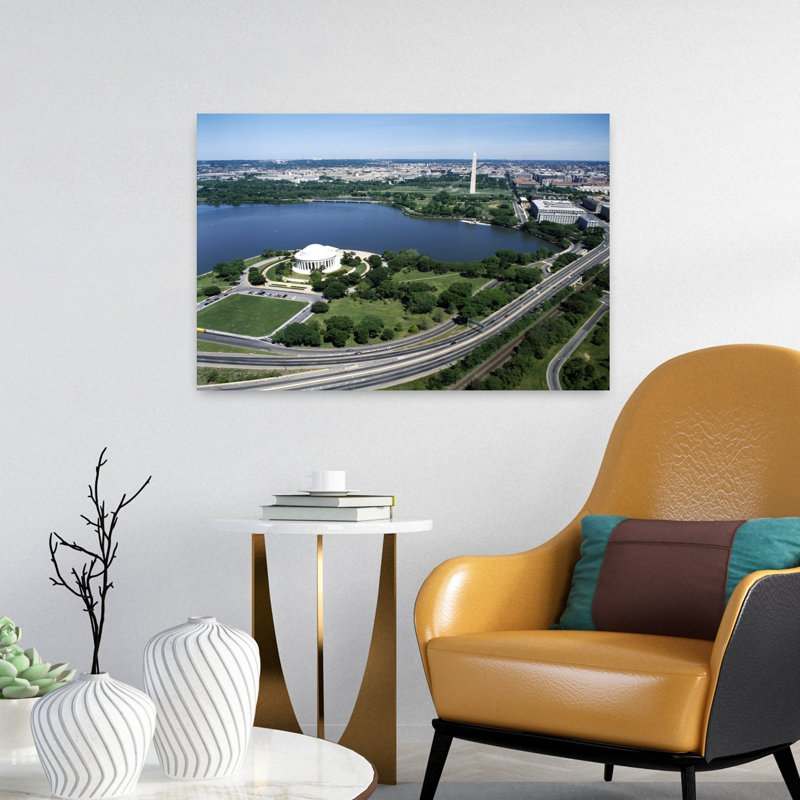 Aerial View Of A Building Near A River Jefferson Memorial Washington DC USA by Mark Segal - Wrapped Canvas Print