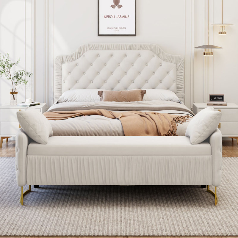 Ensemble de chambre à coucher 2 pièces avec cadre de lit rembourré en velours capitonné et capitonné, Blanc, Très grand