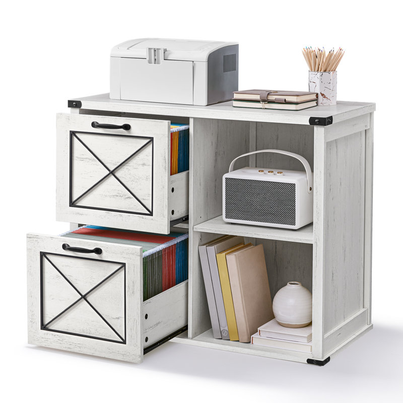 Lateral File Cabinet, Filing Cabinet with 2 Drawers, Printer Stand, 2 Open Compartments, White