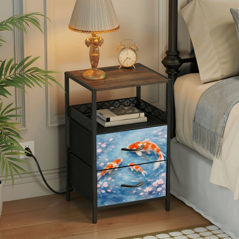 Table de chevet 2 tiroirs avec station de charge, table de chevet de chambre à coucher avec ports USB et prises USB