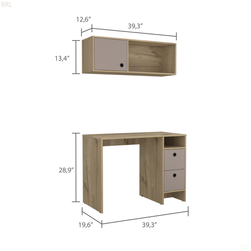 Ensemble de bureau 2 pièces 2 tiroirs 3 tiroirs Chêne clair et taupe