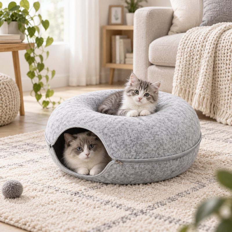 Grand lit tunnel pour chats d'intérieur, Gris