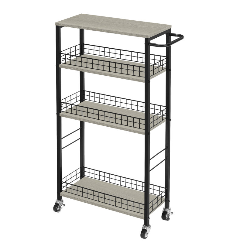 Chariot de rangement étroit à 4 niveaux, 87,8 cm de hauteur, tablette grise et panier en fil métallique avec poignée, structure métallique, idéal pour la cuisine, la salle de bain et la buanderie.